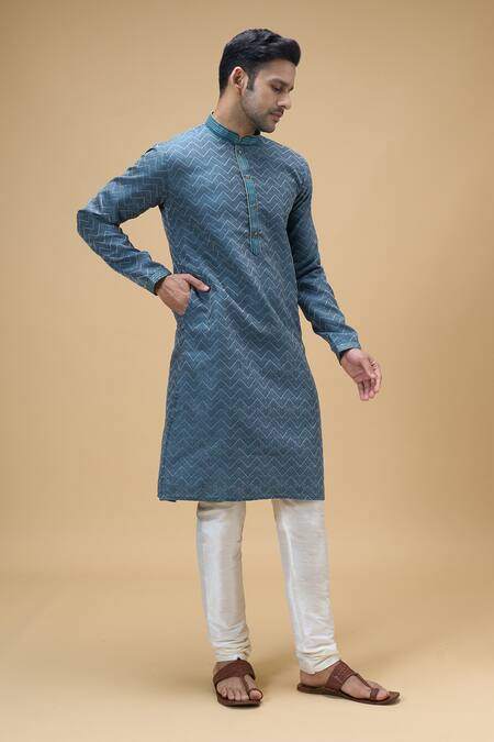 Arihant Rai Sinha_Blue Jacquard, Silk Chevron Bloom Woven Kurta With Churidar _at_Aza_Fashions