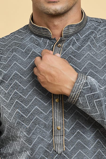 Buy_Arihant Rai Sinha_Black Jacquard, Silk Embroidery Chevron Fleur Woven Kurta With Churidar _Online_at_Aza_Fashions