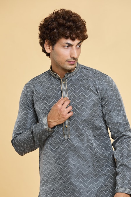 Arihant Rai Sinha_Black Jacquard, Silk Embroidery Chevron Fleur Woven Kurta With Churidar _at_Aza_Fashions