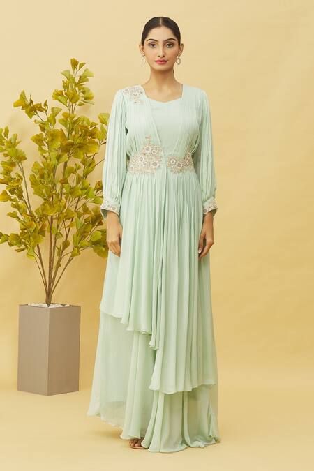 Samyukta Singhania Green Chiffon Zari Square Neck Asymmetric Layered Gown Online at Aza Fashions Samyukta Singhania_Green Chiffon Zari Square Neck Asymmetric Layered Gown_Online_at_Aza_Fashions