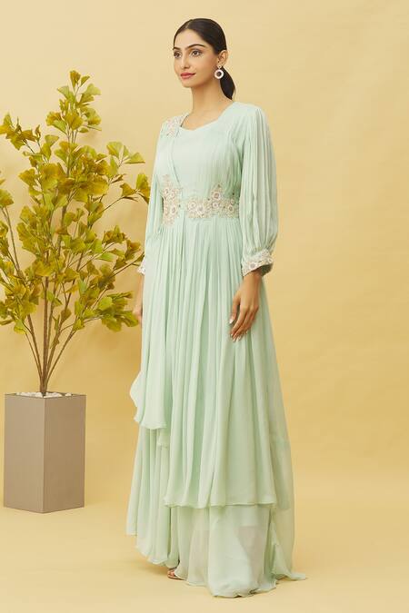 Buy Samyukta Singhania Green Chiffon Zari Square Neck Asymmetric Layered Gown Online at Aza Fashions Buy_Samyukta Singhania_Green Chiffon Zari Square Neck Asymmetric Layered Gown_Online_at_Aza_Fashions