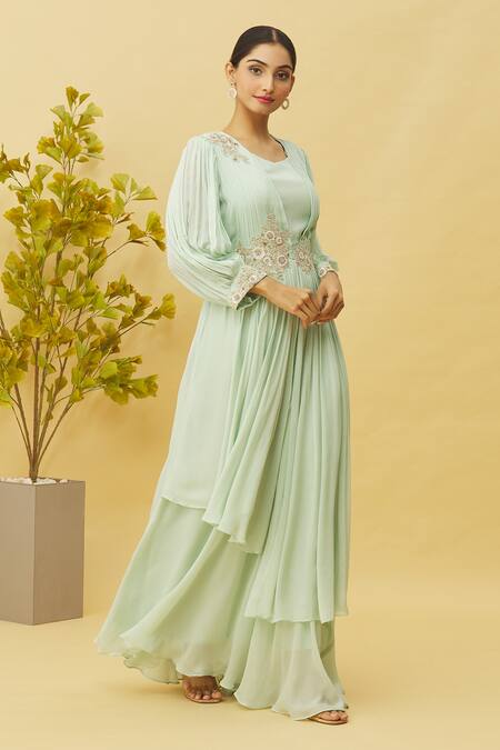 Shop Samyukta Singhania Green Chiffon Zari Square Neck Asymmetric Layered Gown Online at Aza Fashions Shop_Samyukta Singhania_Green Chiffon Zari Square Neck Asymmetric Layered Gown_Online_at_Aza_Fashions