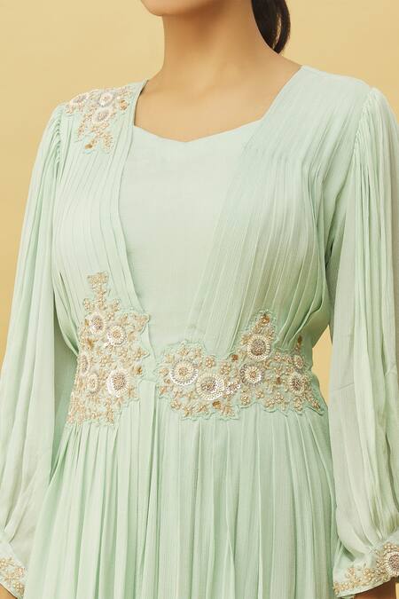 Samyukta Singhania Green Chiffon Zari Square Neck Asymmetric Layered Gown at Aza Fashions Samyukta Singhania_Green Chiffon Zari Square Neck Asymmetric Layered Gown_at_Aza_Fashions