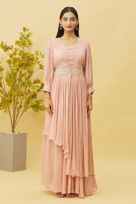 Samyukta Singhania Peach Chiffon Zari Square Neck Cuff Embroidered Gown Online at Aza Fashions Samyukta Singhania_Peach Chiffon Zari Square Neck Cuff Embroidered Gown _Online_at_Aza_Fashions