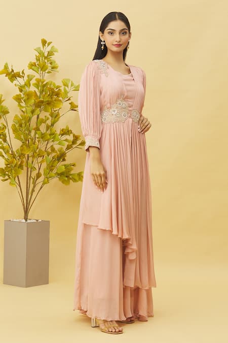 Buy Samyukta Singhania Peach Chiffon Zari Square Neck Cuff Embroidered Gown Online at Aza Fashions Buy_Samyukta Singhania_Peach Chiffon Zari Square Neck Cuff Embroidered Gown _Online_at_Aza_Fashions