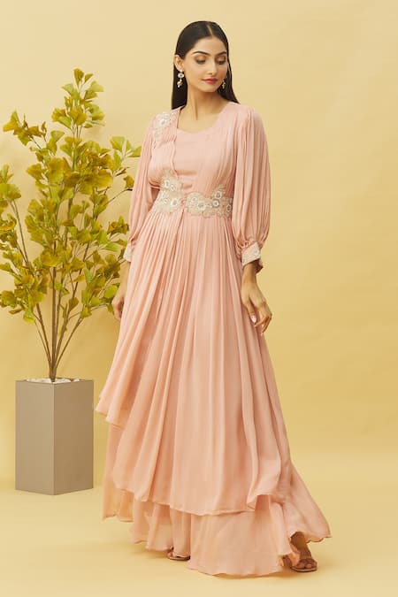 Shop Samyukta Singhania Peach Chiffon Zari Square Neck Cuff Embroidered Gown Online at Aza Fashions Shop_Samyukta Singhania_Peach Chiffon Zari Square Neck Cuff Embroidered Gown _Online_at_Aza_Fashions