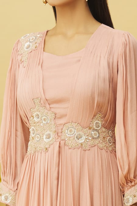 Samyukta Singhania Peach Chiffon Zari Square Neck Cuff Embroidered Gown at Aza Fashions Samyukta Singhania_Peach Chiffon Zari Square Neck Cuff Embroidered Gown _at_Aza_Fashions