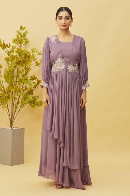 Samyukta Singhania_Purple Chiffon Zari Square Neck Asymmetric Layered And Pleated Gown_Online_at_Aza_Fashions
