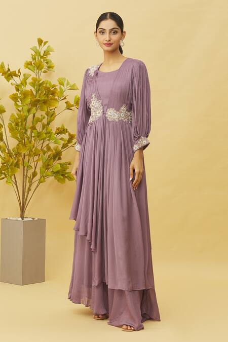 Buy_Samyukta Singhania_Purple Chiffon Zari Square Neck Asymmetric Layered And Pleated Gown_Online_at_Aza_Fashions