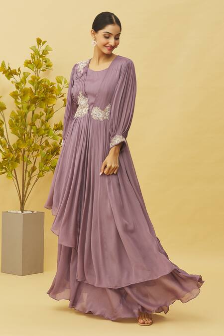 Shop_Samyukta Singhania_Purple Chiffon Zari Square Neck Asymmetric Layered And Pleated Gown_Online_at_Aza_Fashions