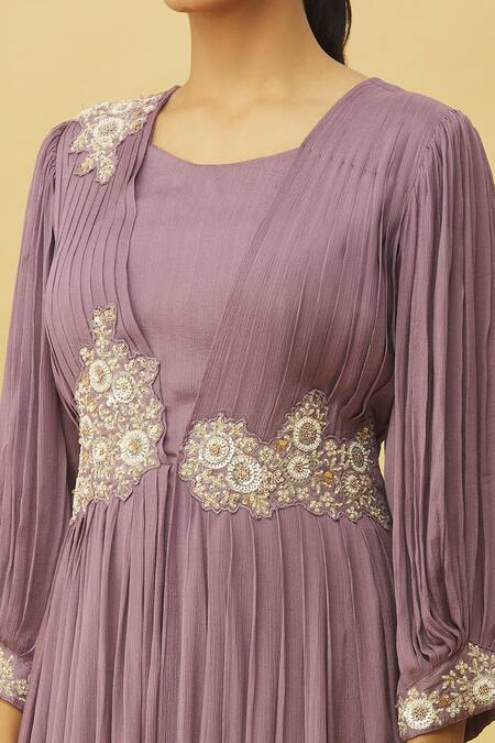 Samyukta Singhania_Purple Chiffon Zari Square Neck Asymmetric Layered And Pleated Gown_at_Aza_Fashions