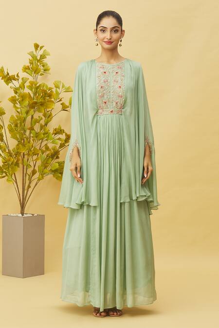 Samyukta Singhania Green Chiffon Embroidery, Zari Round Neck Yoke Gown With Belt Online at Aza Fashions Samyukta Singhania_Green Chiffon Embroidery, Zari Round Neck Yoke Gown With Belt_Online_at_Aza_Fashions