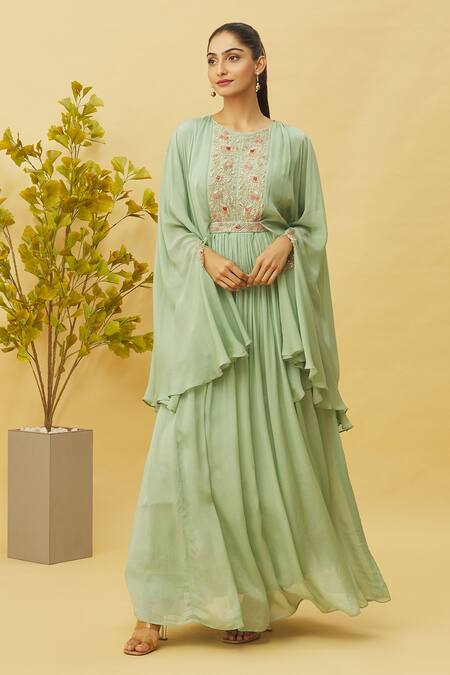Shop Samyukta Singhania Green Chiffon Embroidery, Zari Round Neck Yoke Gown With Belt Online at Aza Fashions Shop_Samyukta Singhania_Green Chiffon Embroidery, Zari Round Neck Yoke Gown With Belt_Online_at_Aza_Fashions