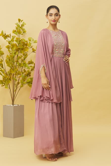 Samyukta Singhania_Pink Chiffon Embroidery, Zari Round Neck Flared Sleeve Pleated Gown With Belt_Online_at_Aza_Fashions