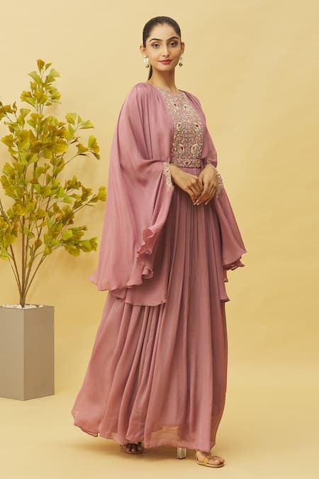 Buy_Samyukta Singhania_Pink Chiffon Embroidery, Zari Round Neck Flared Sleeve Pleated Gown With Belt_Online_at_Aza_Fashions