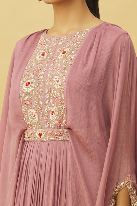 Shop_Samyukta Singhania_Pink Chiffon Embroidery, Zari Round Neck Flared Sleeve Pleated Gown With Belt_Online_at_Aza_Fashions