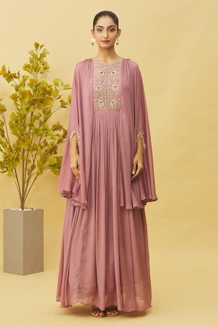 Samyukta Singhania_Pink Chiffon Embroidery, Zari Round Neck Flared Sleeve Pleated Gown With Belt_at_Aza_Fashions