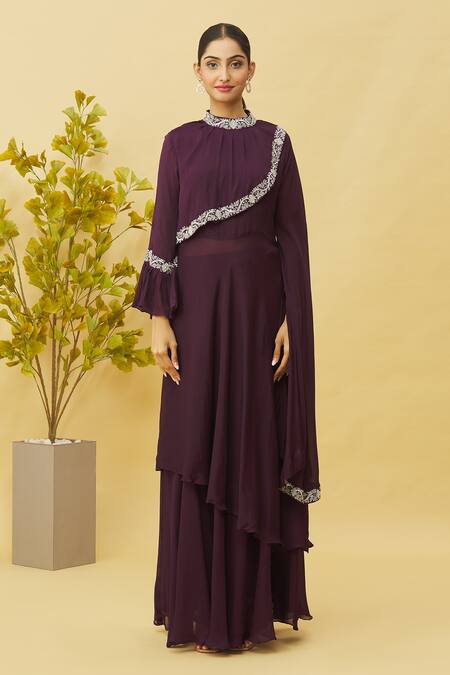 Buy_Samyukta Singhania_Wine Chiffon Embroidery, Sequins High Neck Asymmetric Hem Tunic And Skirt Set