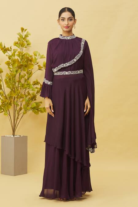 Samyukta Singhania_Wine Chiffon Embroidery, Sequins High Neck Asymmetric Hem Tunic And Skirt Set_Online_at_Aza_Fashions