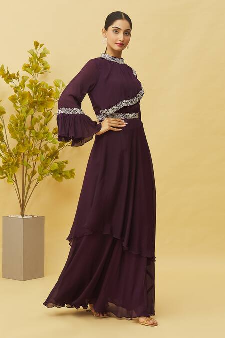 Buy_Samyukta Singhania_Wine Chiffon Embroidery, Sequins High Neck Asymmetric Hem Tunic And Skirt Set_Online_at_Aza_Fashions