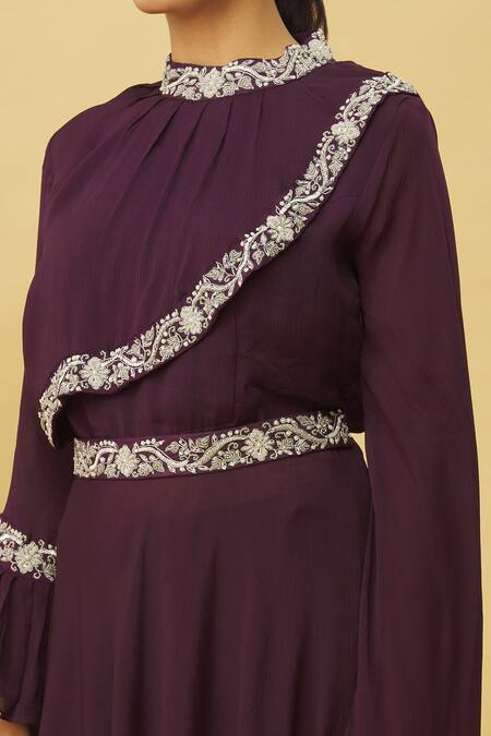 Shop_Samyukta Singhania_Wine Chiffon Embroidery, Sequins High Neck Asymmetric Hem Tunic And Skirt Set_Online_at_Aza_Fashions