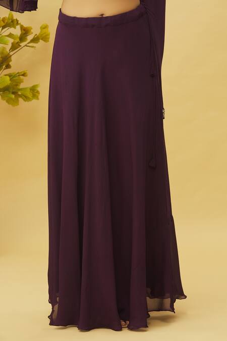 Samyukta Singhania_Wine Chiffon Embroidery, Sequins High Neck Asymmetric Hem Tunic And Skirt Set_at_Aza_Fashions