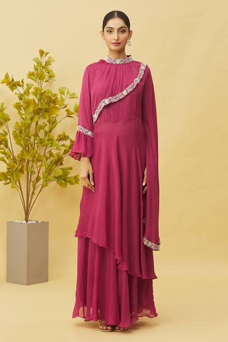 Buy_Samyukta Singhania_Magenta Chiffon Embroidery, Sequins High Neck Border Tunic And Skirt Set