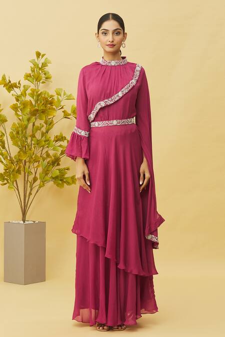 Buy_Samyukta Singhania_Magenta Chiffon Embroidery, Sequins High Neck Border Tunic And Skirt Set_Online_at_Aza_Fashions