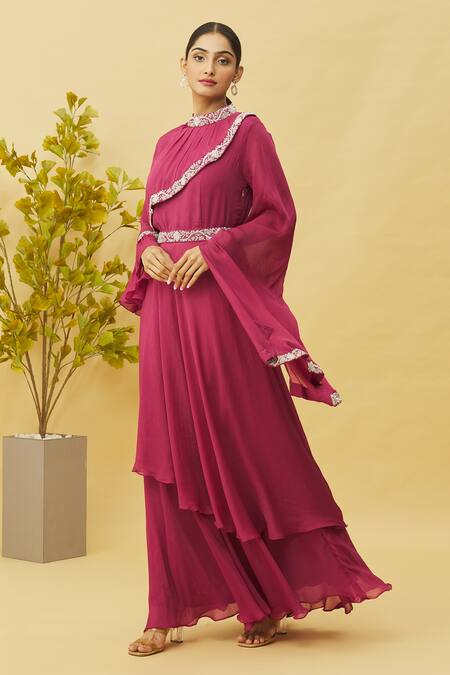Shop_Samyukta Singhania_Magenta Chiffon Embroidery, Sequins High Neck Border Tunic And Skirt Set_Online_at_Aza_Fashions