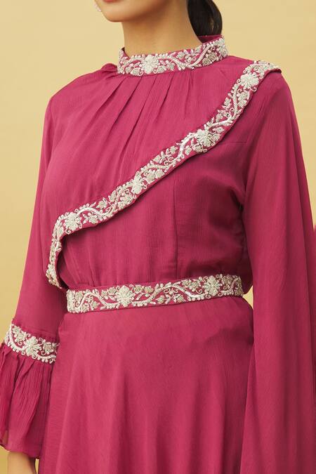 Samyukta Singhania_Magenta Chiffon Embroidery, Sequins High Neck Border Tunic And Skirt Set_at_Aza_Fashions