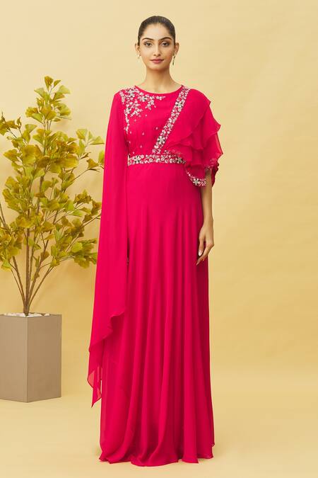 Samyukta Singhania_Pink Viscose, Organza, Chiffon Embroidery Round Neck And Asymmetric Sleeve Gown_Online_at_Aza_Fashions