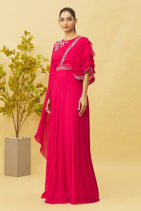 Buy_Samyukta Singhania_Pink Viscose, Organza, Chiffon Embroidery Round Neck And Asymmetric Sleeve Gown_Online_at_Aza_Fashions