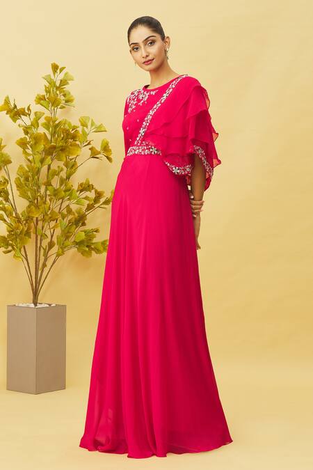 Shop_Samyukta Singhania_Pink Viscose, Organza, Chiffon Embroidery Round Neck And Asymmetric Sleeve Gown_Online_at_Aza_Fashions