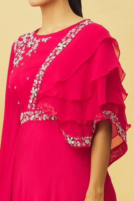 Samyukta Singhania_Pink Viscose, Organza, Chiffon Embroidery Round Neck And Asymmetric Sleeve Gown_at_Aza_Fashions