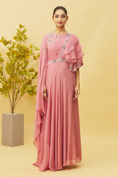 Samyukta Singhania Pink Viscose, Chiffon Embroidery Round Neck Gown Online at Aza Fashions Samyukta Singhania_Pink Viscose, Chiffon Embroidery Round Neck Gown_Online_at_Aza_Fashions