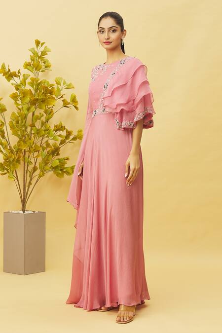 Buy Samyukta Singhania Pink Viscose, Chiffon Embroidery Round Neck Gown Online at Aza Fashions Buy_Samyukta Singhania_Pink Viscose, Chiffon Embroidery Round Neck Gown_Online_at_Aza_Fashions
