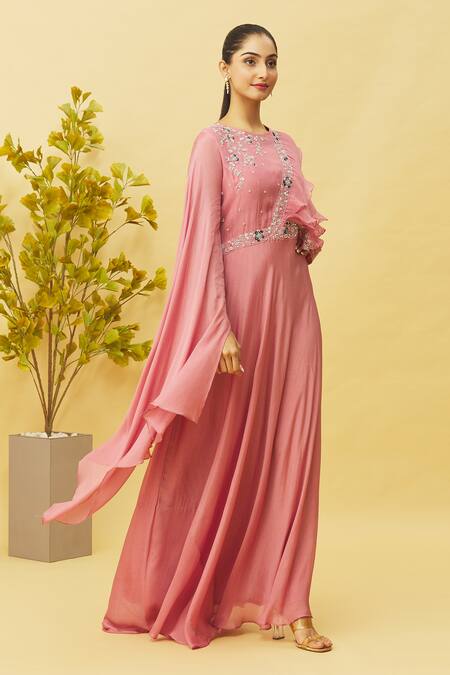 Shop Samyukta Singhania Pink Viscose, Chiffon Embroidery Round Neck Gown Online at Aza Fashions Shop_Samyukta Singhania_Pink Viscose, Chiffon Embroidery Round Neck Gown_Online_at_Aza_Fashions