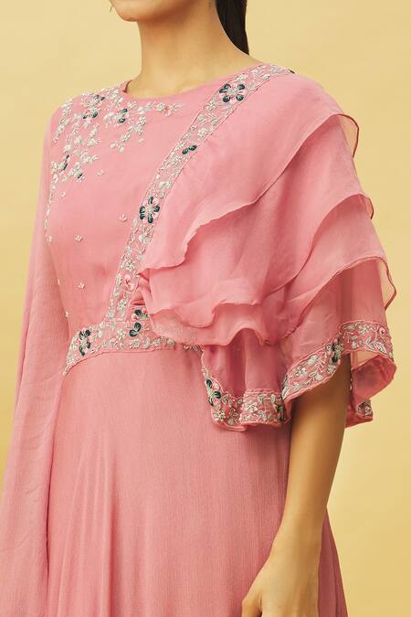 Samyukta Singhania Pink Viscose, Chiffon Embroidery Round Neck Gown at Aza Fashions Samyukta Singhania_Pink Viscose, Chiffon Embroidery Round Neck Gown_at_Aza_Fashions