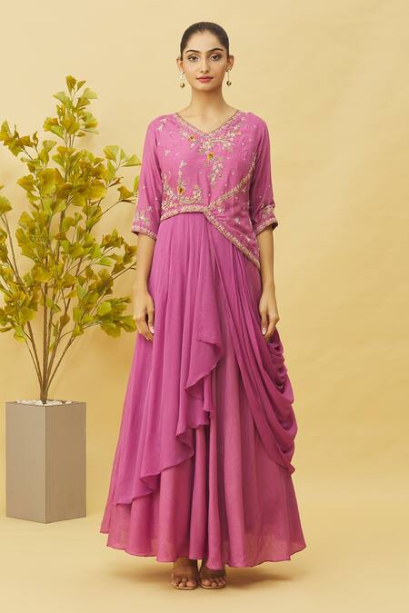 Samyukta Singhania_Purple Embroidery Floral And Draped Gown_Online_at_Aza_Fashions