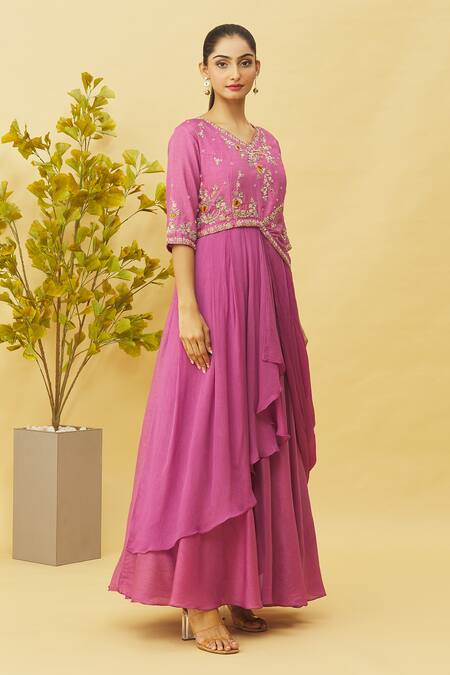 Buy_Samyukta Singhania_Purple Embroidery Floral And Draped Gown_Online_at_Aza_Fashions