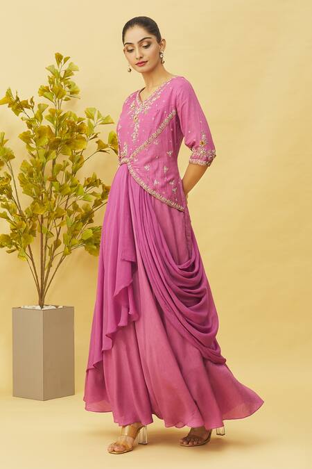 Shop_Samyukta Singhania_Purple Embroidery Floral And Draped Gown_Online_at_Aza_Fashions