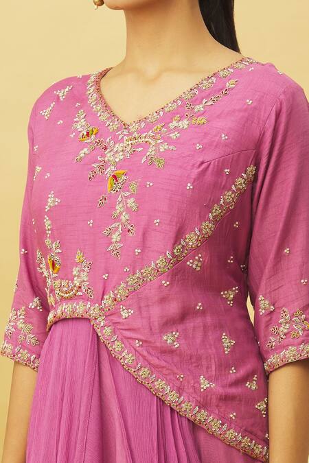 Samyukta Singhania_Purple Embroidery Floral And Draped Gown_at_Aza_Fashions