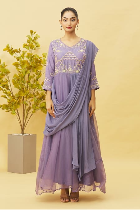 Samyukta Singhania_Blue Organza, Denim, Silk Sequins, Embroidery Round Gown With Detachable Belt _at_Aza_Fashions