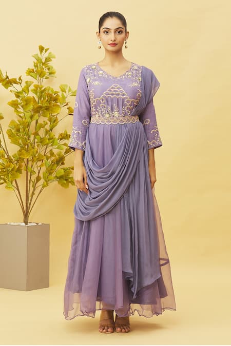Samyukta Singhania_Blue Organza, Denim, Silk Sequins, Embroidery Round Gown With Detachable Belt _Online_at_Aza_Fashions
