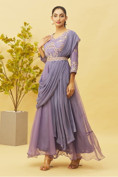 Shop_Samyukta Singhania_Blue Organza, Denim, Silk Sequins, Embroidery Round Gown With Detachable Belt _Online_at_Aza_Fashions