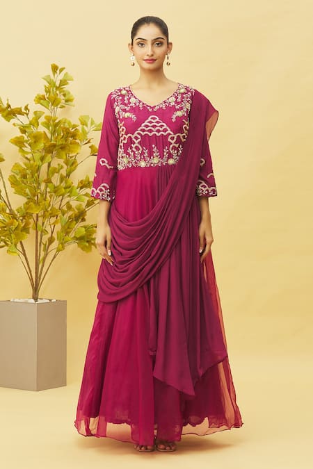 Samyukta Singhania Magenta Organza, Denim, Chiffon Sequins, Embroidery Round Thread Gown With Belt at Aza Fashions Samyukta Singhania_Magenta Organza, Denim, Chiffon Sequins, Embroidery Round Thread Gown With Belt_at_Aza_Fashions