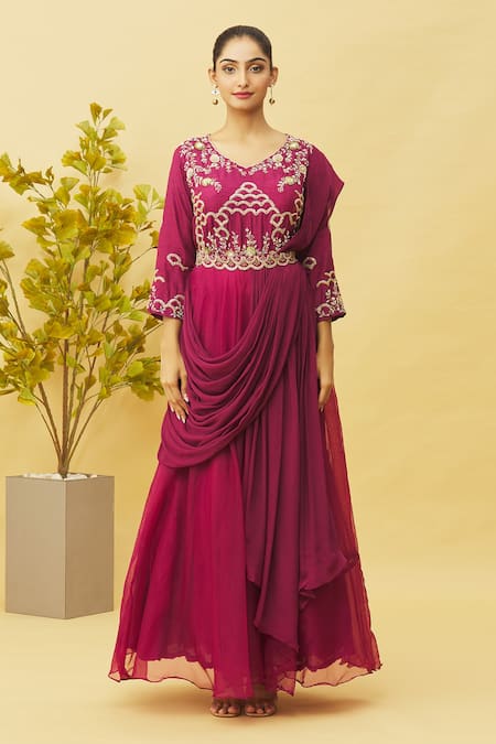 Samyukta Singhania Magenta Organza, Denim, Chiffon Sequins, Embroidery Round Thread Gown With Belt Online at Aza Fashions Samyukta Singhania_Magenta Organza, Denim, Chiffon Sequins, Embroidery Round Thread Gown With Belt_Online_at_Aza_Fashions