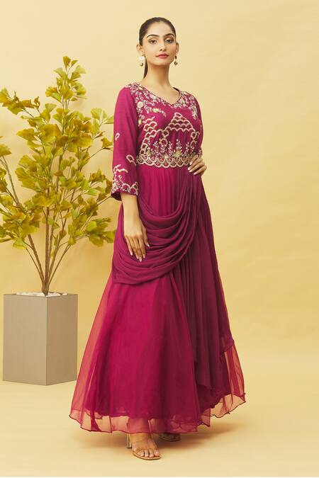 Buy Samyukta Singhania Magenta Organza, Denim, Chiffon Sequins, Embroidery Round Thread Gown With Belt Online at Aza Fashions Buy_Samyukta Singhania_Magenta Organza, Denim, Chiffon Sequins, Embroidery Round Thread Gown With Belt_Online_at_Aza_Fashions