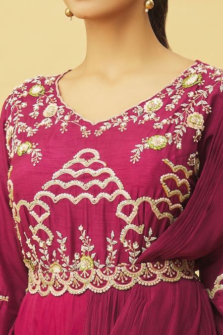 Shop Samyukta Singhania Magenta Organza, Denim, Chiffon Sequins, Embroidery Round Thread Gown With Belt Online at Aza Fashions Shop_Samyukta Singhania_Magenta Organza, Denim, Chiffon Sequins, Embroidery Round Thread Gown With Belt_Online_at_Aza_Fashions