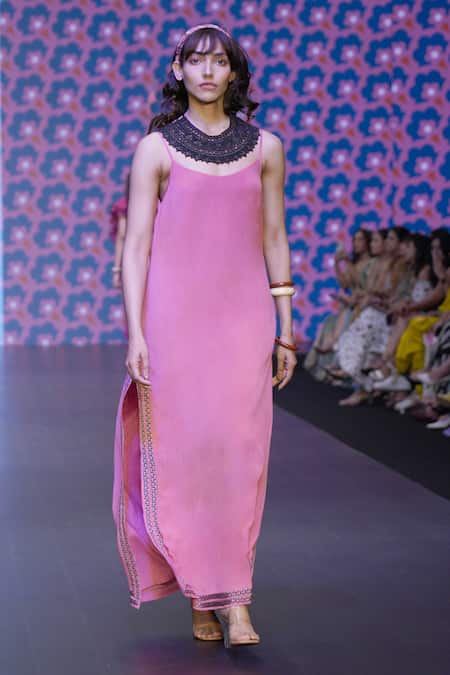 Shop_Sandhya Shah_Pink Crepe Embroidery Round Neck Malina Printed Border Slit Dress _at_Aza_Fashions